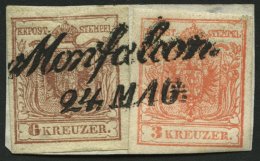 STERREICH 3/4X BrfStk, 1850, 3 Kr. Rot Und 6 Kr. Braun, Handpapier, L2 MONFALCONE Auf Knappem Briefstück, Pracht - Sonstige & Ohne Zuordnung