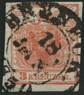 STERREICH 3X O, 1850, 3 Kr. Rot, Handpapier, Type Ia, K2 BRUNECK 18. JUNI 1850 (frühe Verwendung), Pracht - Other & Unclassified