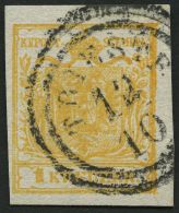 STERREICH 1Xb O, 1850, 1 Kr. Orange, Handpapier, Type III, K2 TRIESTE, Voll-breitrandig, Pracht, Fotobefund Dr. Ferchenb - Other & Unclassified