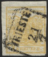 STERREICH 1XaDG O, 1850, 1 Kr. Gelb, Handpapier, Doppelseitiger Druck, Stempel TRIESTE, Pracht, Mi. 180.- - Used Stamps