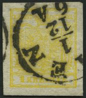 STERREICH 1Xa O, 1850, 1 Kr. Gelb, Handpapier, Type Ia, K1 WIEN, Riesenrandig, Pracht Gepr. Diena - Other & Unclassified