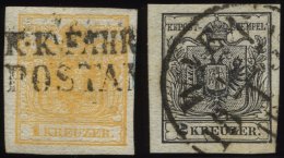 STERREICH 1,2X O, 1850, 1 Kr. Gelb Und 2 Kr. Schwarz, Handpapier, 2 Prachtwerte, Mi. 210.- - Used Stamps