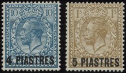 POST IN DER TÜRKEI 43/4 *, 1913, 4 Pia. Auf 10 P. Grünblau Und 5 Pia. Auf 1 Sh. Ockerbraun, Falzrest, 2 Pracht - Other & Unclassified