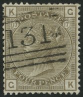 GROSSBRITANNIEN 52 O, 1880, 4 P. Graubraun, Wz. 4Z, Nummernstempel 131, üblich Gezähnt Pracht, Mi. 250.- - Oblitérés