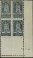 FRANKREICH 256I VB **, 1930, 3 Fr. Kathedrale Von Reims, Type I, Im Eckrandviererblock Mit Druckdatum: 15.4.30, Pracht, - Sonstige & Ohne Zuordnung