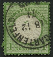 Dt. Reich 23b FZL SKA O, 1872, 1 Kr. Grünoliv, Fehlendes Zahnloch (13l), Mit Schraubkopfabdruck (Form M), K1 (MAINZ - Sonstige & Ohne Zuordnung