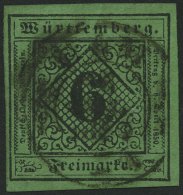 WÜRTTEMBERG 3b O, 1851, 6 Kr. Schwarz Auf Blaugrün, Pracht, Mi. 60.- - Other & Unclassified