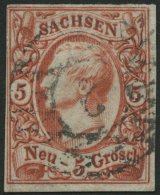 SACHSEN 12c O, 1856, 5 Ngr. Karminrosa, Pracht, Gepr. W. Engel, Mi. 150.- - Saxony