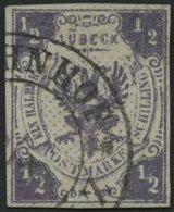 LÜBECK 1 O, 1859, 1/2 S. Dunkelviolettgrau, K2 LÜBECK BAHNHOF!, Breitrandig, Etwas Bügig Und Kleine Helle - Luebeck