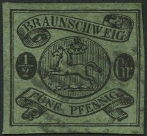 BRAUNSCHWEIG 10A O, 1863, 1/2 Gr. Schwarz Auf Lebhaftgraugrün, Pracht, Signiert H. Krause, Mi. 300.- - Brunswick