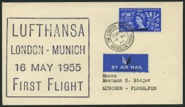 DEUTSCHE LUFTHANSA 29 BRIEF, 16.5.1955, London-München, Schwarz-violetter Stempel, R!, Frankiert Mit Brit.Post In T - Gebraucht