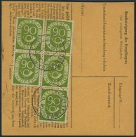 BUNDESREPUBLIK 138 BRIEF, 1954, 90 Pf. Posthorn Im Fünferblock Rückseitig Mit 20 Pf. Zusatzfrankatur Auf Paket - Used Stamps