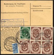 BUNDESREPUBLIK 135 VB BRIEF, 1954, 60 Pf. Posthorn Im Viererblock Mit Zusatzfrankatur Rückseitig Auf Paketkarte Aus - Used Stamps