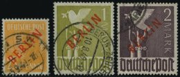 BERLIN 27,33/4 O, 1949, 25 Pf., 1 Und 2 M. Rotaufdruck, 3 Werte üblich Gezähnt Pracht, Gepr. Schlegel, Mi. 885 - Oblitérés