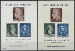 DDR Bl. 12IV **, 1955, Block Schiller Mit Abart Vorgezogener Fußstrich Bei J, Beide Wz., 2 Prachtblocks - Oblitérés