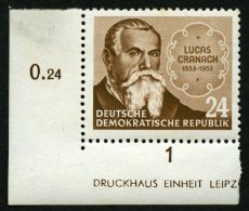 DDR 384YIDZ **, 1953, 24 Pf. Cranach, Untere Linke Bogenecke Mit Fast Vollständigem Druckereizeichen, Feinst (minim - Gebraucht