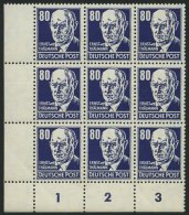 DDR 339PFIII **, 1952, 80 Pf. Thälmann Mit Plattenfehler Fleck Am Kinn Und Strich Am Kragen (Feld 73) Im Neunerbloc - Used Stamps