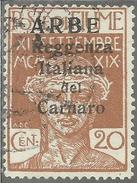 ARBE 1920 REGGENZA ITALIANA DEL CARNARO CENT. 20 C USATO USED OBLITERE´ - Arbe & Veglia