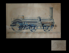 [TRAINS CHEMINS De FER] [Dessin à La Plume Et Aquarelle] - Locomotive à Vapeur. - Dessins