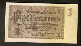 Pa. Germany WWII Third Reich Rentenbankschein 1 RENTENMARK 1937 8 Digit Serial # K 85792559 - Other & Unclassified