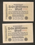 Pa. Germany Weimar Reichsbanknote 10 Millionen Mark 1923 Consecutive Serial # 106219 # 106220 - Watermark G/D In Stars - 10 Mio. Mark
