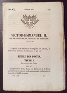 REGNO DI SARDEGNA  1852 DECRETO VITTORIO EMANUELE II SULLE POSTE IN FRANCESE STAMPATO TIP. CHAMBERY - Décrets & Lois