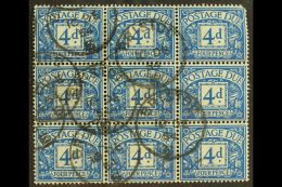 POSTAGE DUES  1951-52 4d Blue, SG D38, Used BLOCK Of 9 (3x3) Cancelled By "Bristol" Cds's, Top Right Stamp With... - Ohne Zuordnung
