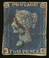 1840  2d Blue 'JB' Plate 2, Used With Black MC Pmk And BRIGHT RED 7- CONCENTRIC RINGS HANDSTAMP Applied Over The... - Other & Unclassified