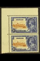 1935  3d Brown And Deep Blue Silver Jubilee, Top Corner Pair, Showing Variety "short Extra Flagstaff", SG 23b,... - Swaziland (...-1967)