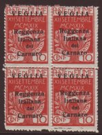 VEGLIA  1920 (28 Nov) Small Letters 10c Carmine, Sass 6, Fine Never Hinged Mint BLOCK OF FOUR. For More Images,... - Fiume