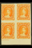 1860-63  2c Orange Queen Victoria Imperf PLATE PROOF Marginal BLOCK Of 4 With Part Imprint, Unitrade 7Pi, Printed... - Sonstige & Ohne Zuordnung