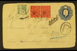 1905  (28 Aug) KEVII 15c Postal Envelope To Holland, Registered And Uprated With 1902 6c Pair Plus 15c, Tied By... - Mauritius (...-1967)