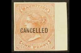 1863  1d Brown De La Rue (SG 57) IMPERF PLATE PROOF Overprinted "Cancelled" On White Surfaced Paper With 4 Good... - Mauritius (...-1967)