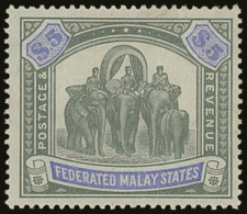 FEDERATED MALAY STATES  1900 $5 Green And Pale Ultramarine, Wmk CC, Elephants, SG 25a, Very Fine And Fresh Mint.... - Other & Unclassified