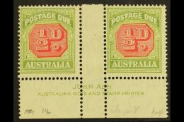 POSTAGE DUE  1938 ½d Carmine And Green, SG D112, JOHN ASH Gutter Imprint Pair, Fine Mint. (2 Stamps) For... - Other & Unclassified