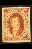 1864 IMPERF PLATE PROOF  For The 5c Rivadavia Issue (Scott 8, SG 13) Printed In Brown-rose On Ungummed... - Sonstige & Ohne Zuordnung
