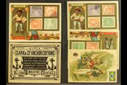 STAMP DESIGN ADVERT CARDS  1908 Five Colourful Advertising Trade Cards, Four With The Same Design Showing Various... - Altri & Non Classificati