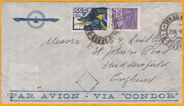 1937 - Enveloppe Par Avion CONDOR  Du Brésil Vers Hudddersfield, GB - Contrôle Postal -  Affrt 4200 Reis - Aéreo (empresas Privadas)