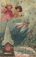 T4 Boldog Újévet! / New Year Greeting Card, Children Playing With Snow, Golden Decorated Emb. Litho... - Non Classés