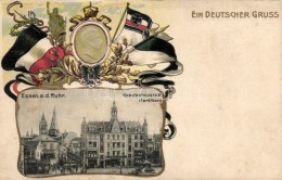 * T2 Essen A. D. Ruhr, Kopstadtsplatz, Marktberg / Square With Shops, Wilhelm II, Flags, Coat Of Arms, Emb. Litho - Non Classés