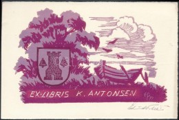 Olvashatatlan Jelzéssel: Ex Libris K Antonsen. Linó, Papír, Jelzett, 7x11 Cm - Autres & Non Classés