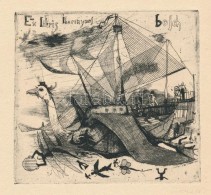 Kondor Béla (1931-1972):  Ex Libris Iheronymus Bosch, Rézkarc, Papír, Jelzett, 11×11,5... - Autres & Non Classés