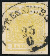 O 1850 1kr MP III. Citromsárga / Yellow ,,PRESSBURG' Certificate: Steiner - Otros & Sin Clasificación