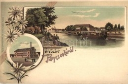 ** T2 Pancsova, Pancevo; Temespart, GÅ‘zmalom. Kohn Samu Kiadása / River Bank, Steam Mill. Floral, Art... - Non Classés