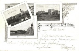 T2 1901 Gänserndorf, Unterstadt, Bahnhof, Kirchenplatz / Railway Station, Church Square, Floral, Art Nouveau - Non Classés