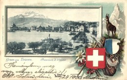 T2/T3 Lucerne, Luzern; Promenade, Pilatus. K. Liebhardt Kunstanstalt, Coat Of Arms, Floral, Goat Emb. Litho - Non Classés