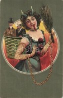 T2 Lady Krampus With Men In Her Basket. Emb. Litho - Non Classés