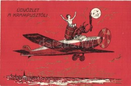 T2 Üdvözlet A Krampusztól! / Krampus With Lady On Airplane, Golden Decorated. Erika - Non Classés