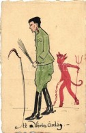 T2 Itt A Vörös Ördög / Krampus With Soldier. Hand-painted Art Postcard - Non Classés