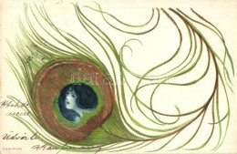 T2 Peacock Feather Lady. Art Nouveau Litho Art Postcard, E.A.W. No. 1240. Unsigned Raphael Kirchner - Non Classés